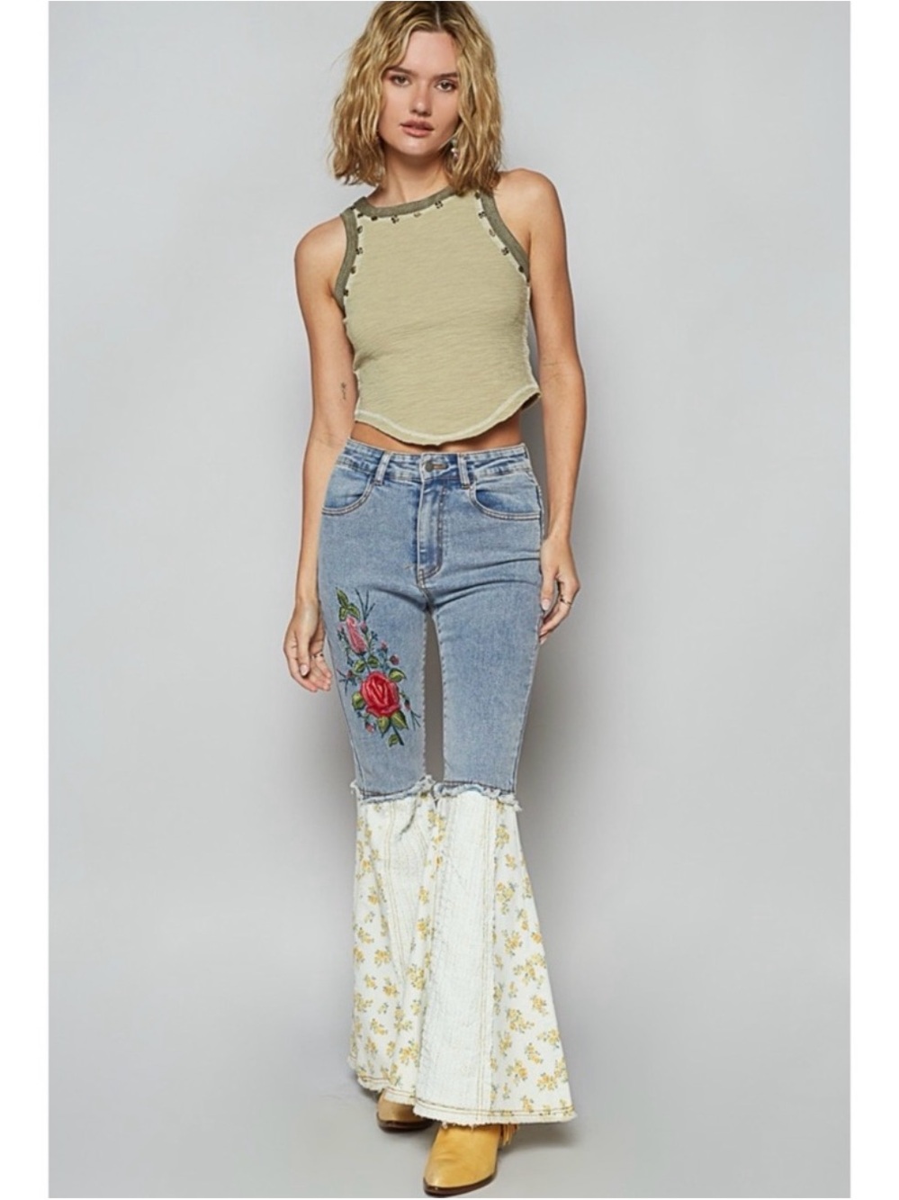 POL Two-Tone Floral Patch Flare Jeans - Light Blue and White! L/12/30 - Picture 5 of 5